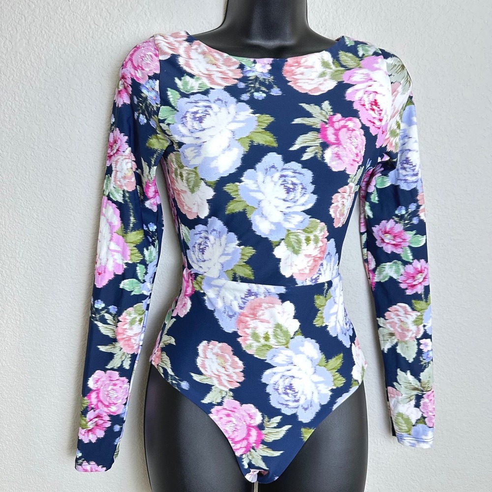 NEW Maaji Floral Long Sleeve One Piece Sun Protection Swimsuit Navy Open Back S